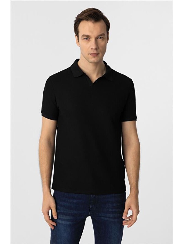 Süvari Siyah Slim Armürlü Polo Yaka Tişört