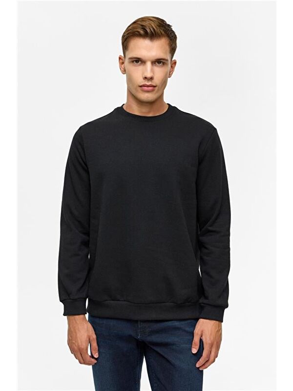 Süvari Siyah Regular Düz Bisiklet Yaka Sweatshirt