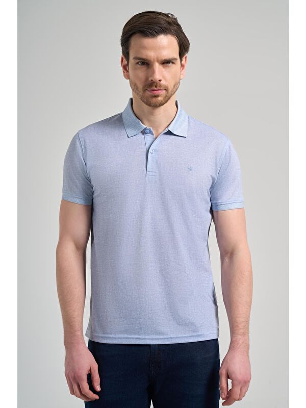 İMZA Mavi Kısa Kol Baskılı Pike Polo Yaka Cepsiz Esnek Casual Slim Fit Tişört 1011250151