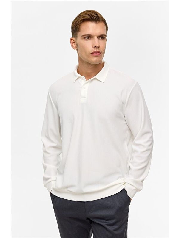 Süvari Beyaz Regular Düz Polo Yaka Sweatshirt