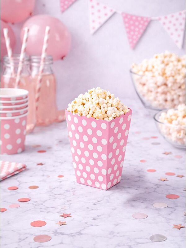 Parti Adresi Puantiyeli Patlamış Mısır Kutusu Popcorn Kutusu Pembe 8'li