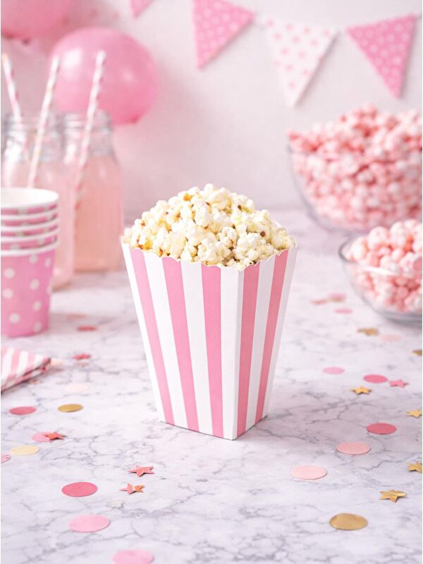 Parti Adresi Çizgili Patlamış Mısır Kutusu Popcorn Kutusu Pembe 8'li