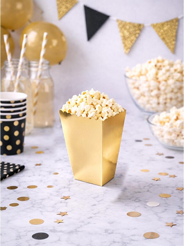 Parti Adresi Patlamış Mısır Kutusu Popcorn Kutusu Metalik Altın 8'li