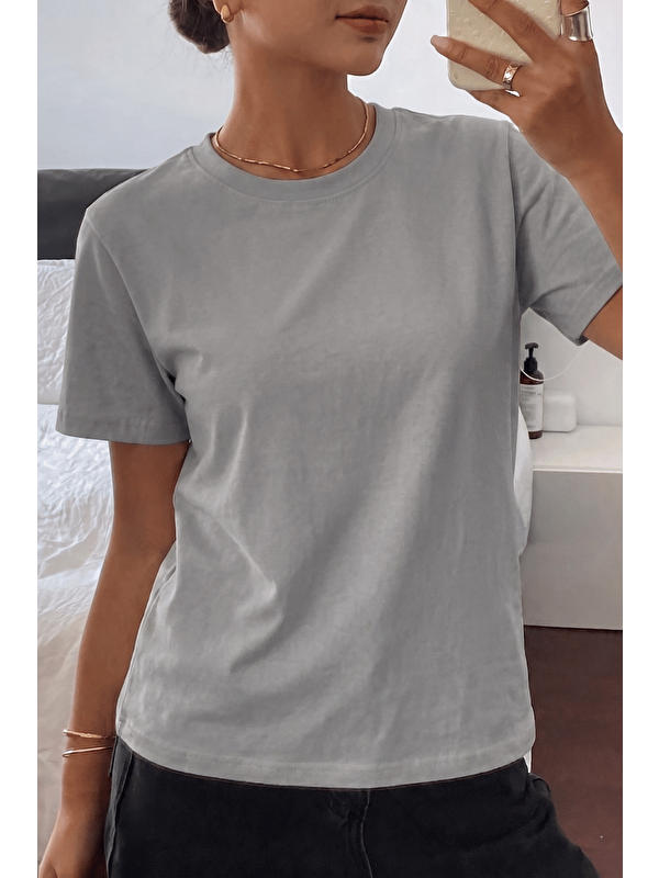 Genius Store Kadın Tişört Gri Bisiklet Yaka Basic Tişört %100 Pamuk Rahat Kalıp T-shirt BASIC-KADIN