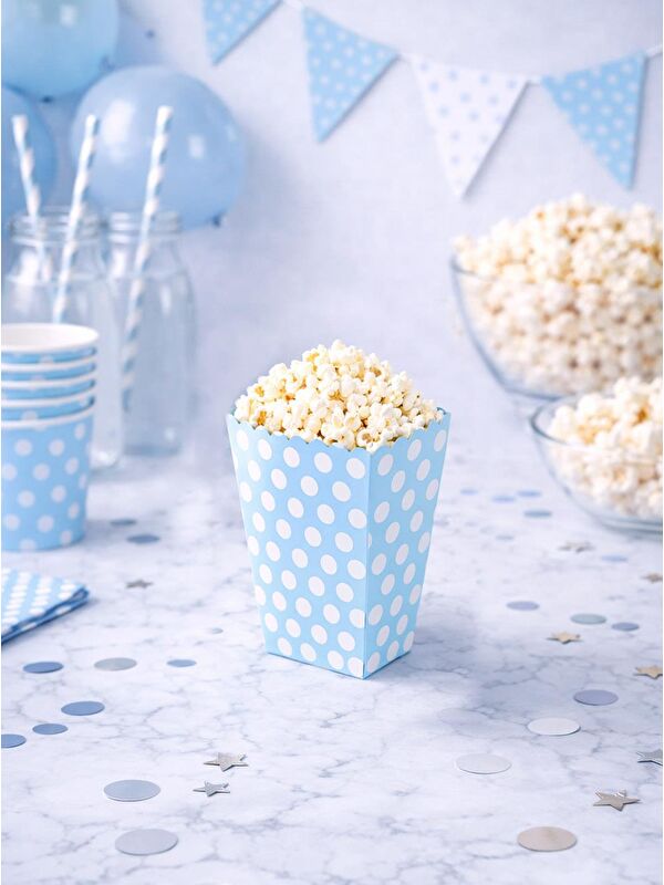 Parti Adresi Puantiyeli Patlamış Mısır Kutusu Popcorn Kutusu Mavi 8'li