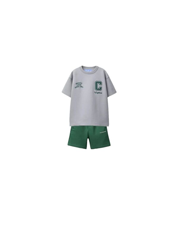 Magu Erkek Çocuk Pamuklu Gri Baskılı T-Shirt Ve Yeşil Şort Takım - Kolej Temalı