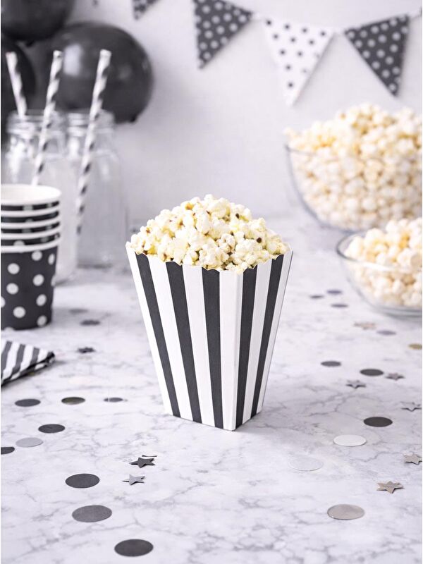 Parti Adresi Çizgili Patlamış Mısır Kutusu Popcorn Kutusu Siyah 8'li