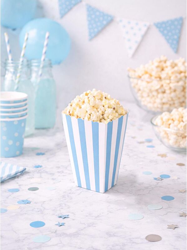 Parti Adresi Çizgili Patlamış Mısır Kutusu Popcorn Kutusu Mavi 8'li