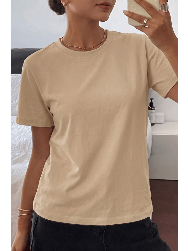 Genius Store Kadın Tişört Gri Bisiklet Yaka Basic Tişört %100 Pamuk Rahat Kalıp T-shirt BASIC-KADIN
