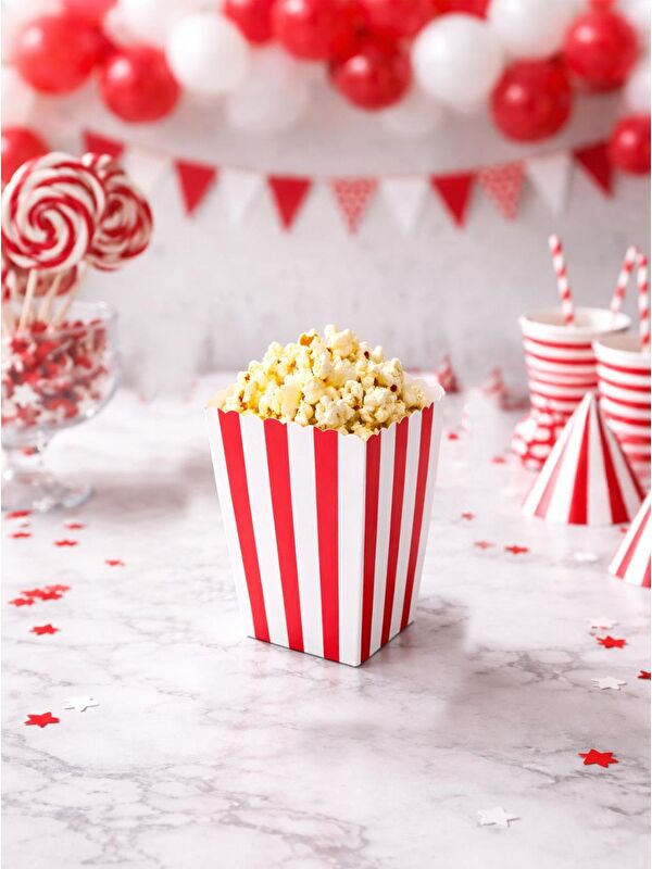 Parti Adresi Çizgili Patlamış Mısır Kutusu Popcorn Kutusu Kırmızı 8'li