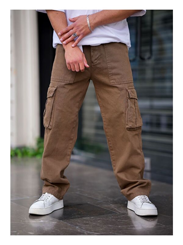 Tarz Cool Erkek Kargo Cep Baggy Pantolon Kahve Rengi
