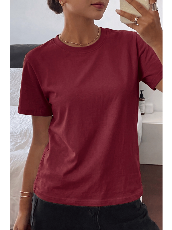 Genius Store Kadın Tişört Gri Bisiklet Yaka Basic Tişört %100 Pamuk Rahat Kalıp T-shirt BASIC-KADIN
