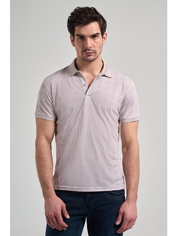İMZA Bej Kısa Kol Baskılı Pike Polo Yaka Cepsiz Esnek Casual Slim Fit Tişört 1011250150