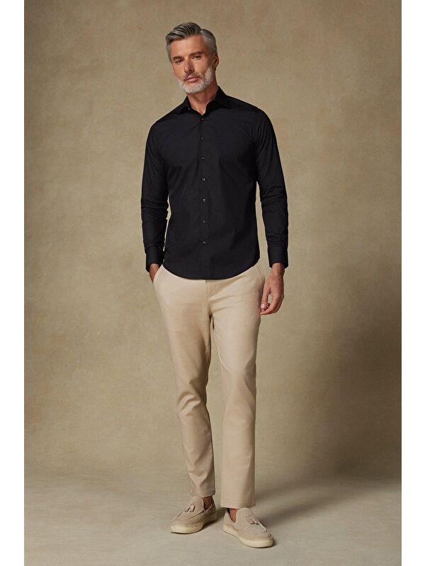ABBATE Bb Club Oscar Poplin Pamuk Polyester Slim Fit Siyah Klasik Yaka Erkek Düz Gömlek