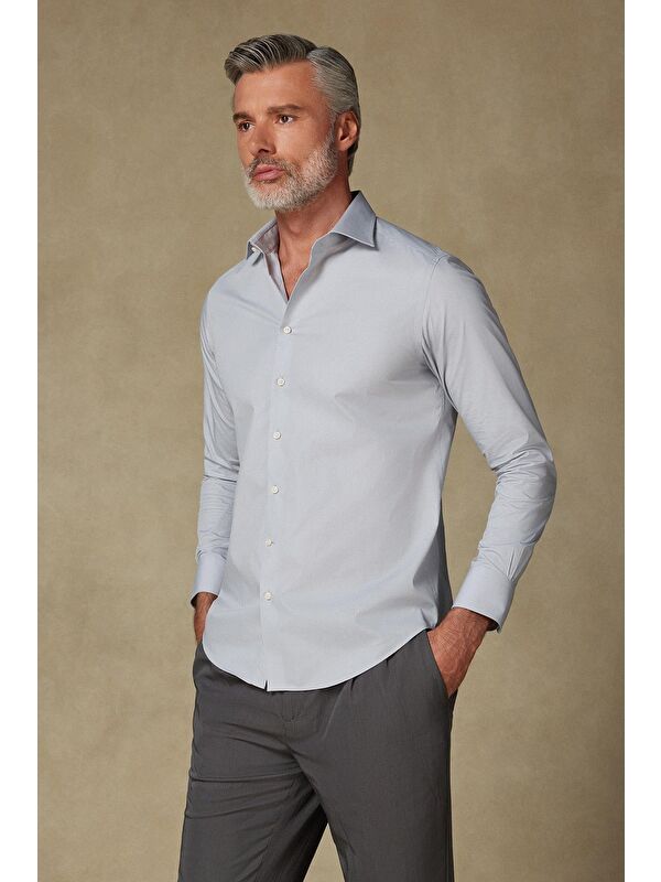 ABBATE Bb Club Oscar Poplin Pamuk Polyester Slim Fit Açık Gri Klasik Yaka Erkek Düz Gömlek