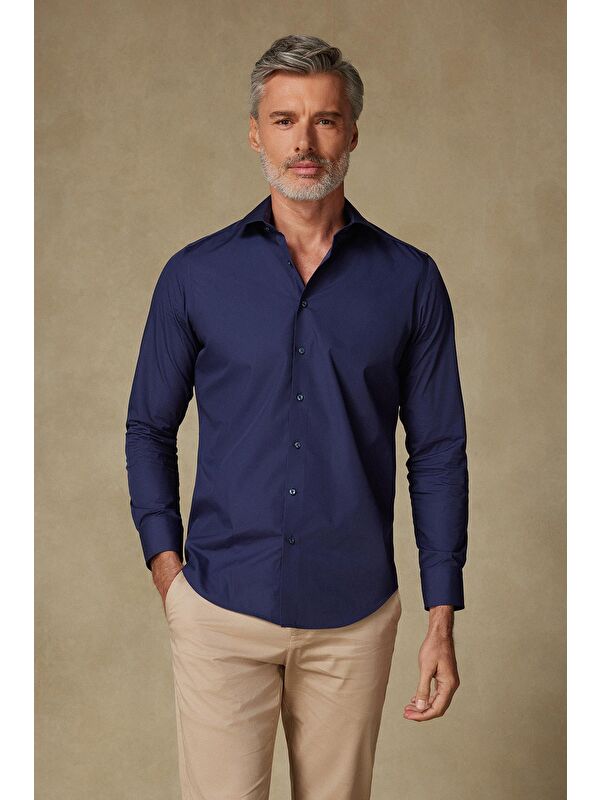 ABBATE Bb Club Oscar Poplin Pamuk Polyester Slim Fit Lacivert Klasik Yaka Erkek Düz Gömlek