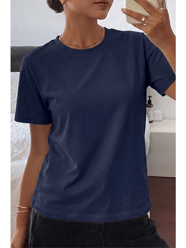 Genius Store Kadın Tişört Gri Bisiklet Yaka Basic Tişört %100 Pamuk Rahat Kalıp T-shirt BASIC-KADIN