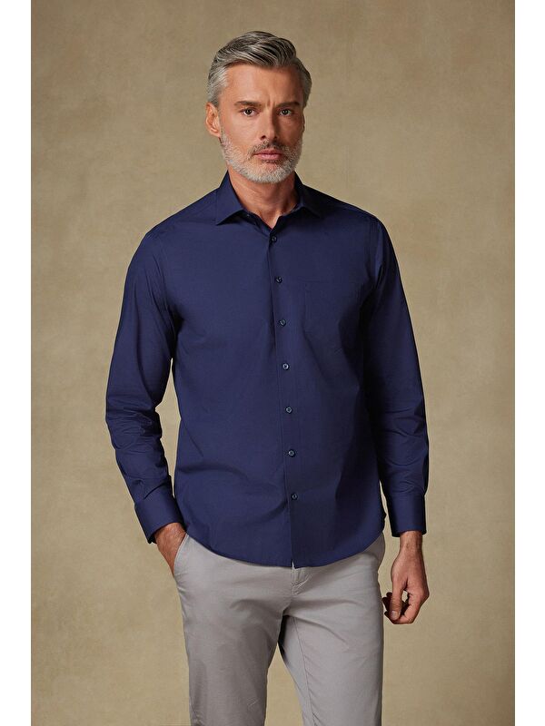 ABBATE Bb Club Lima Poplin Pamuk Polyester Regular Fit Lacivert Klasik Yaka Erkek Düz Gömlek