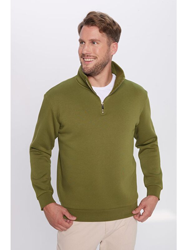 TUDORS Unisex Relax Fit Rahat Kesim Pamuklu İçi Polarlı Yarım Fermuarlı Haki Dik Yaka Sweatshirt
