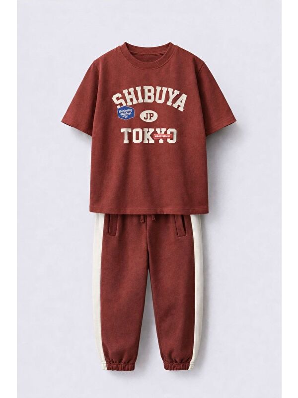 Magu Erkek Çocuk Pamuklu Kiremit Tokyo Baskılı T-Shirt Ve Eşofman Takım
