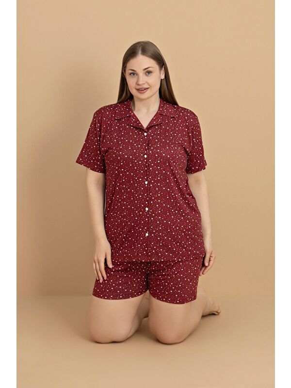 Fullamoda Büyük Beden Yıldız Baskılı Gömlek Yaka Şortlu Pijama Takımı