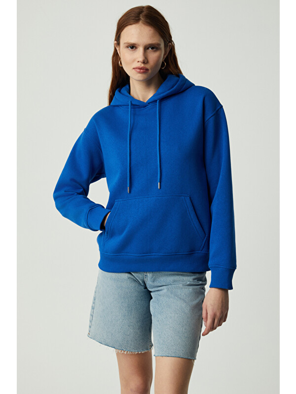 GRIMELANGE Adel Kadın Organik Pamuklu Içi Polarlı Yumuşacık Relaxed Kanguru Cepli Kapüşonlu SAKS Sweatshirt