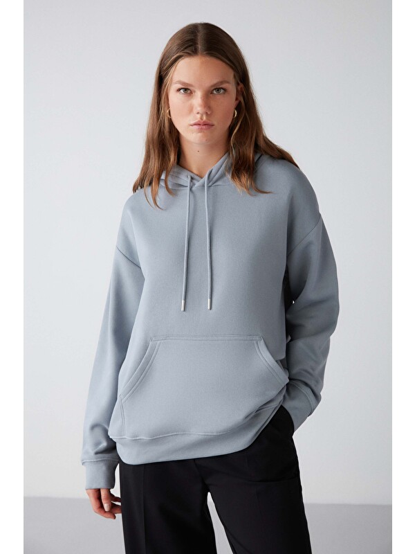 GRIMELANGE Adel Kadın Organik Pamuklu Içi Polarlı Yumuşacık Relaxed Kanguru Cepli Kapüşonlu MAVİ Sweatshirt