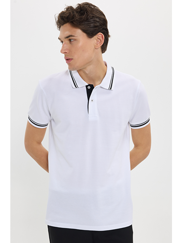 TUDORS Erkek Slim Fit Dar Kesim %100 Pamuk Düz Pike Yaka Ve Kol Detaylı Beyaz Polo Yaka Tişört