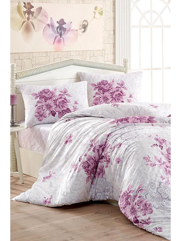 Çeyiz Diyarı Taç Kristal Henna Light Collection Çift Kişilik Nevresim Takımı Mürdüm