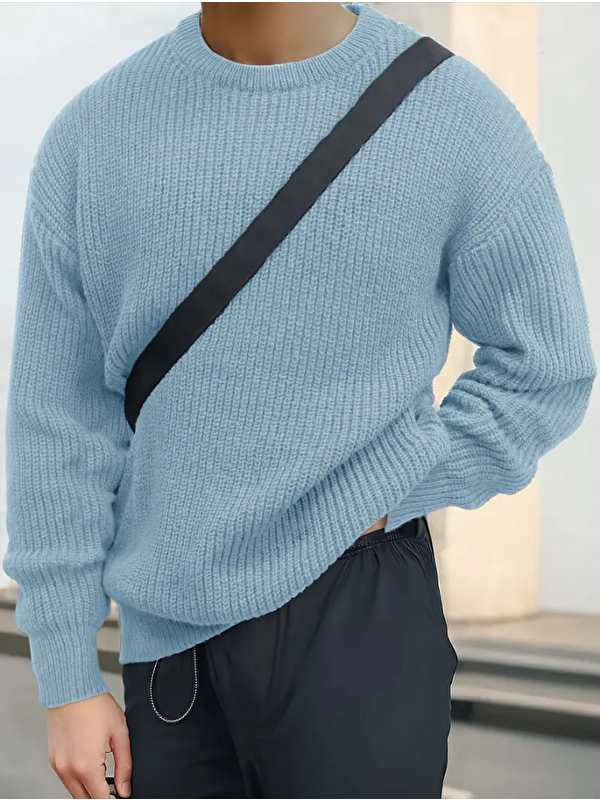 Tarz Cool Erkek Mavi Regular Fit Bisiklet Yaka Örgülü Triko