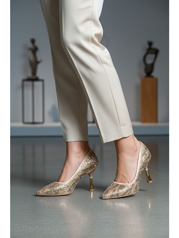 Bej Saten Taş İşlemeli İnce Topuklu Kadın Abiye Ayakkabı 248245 Z - Görsel 4