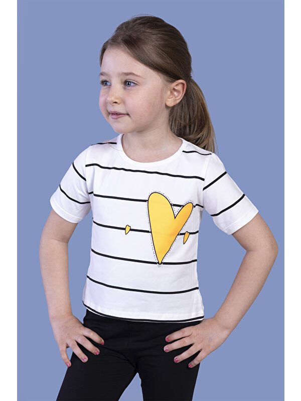 Toontoykids Kız Çocuk Çizgli Kalp Baskılı Taş İşlemeli Tişört