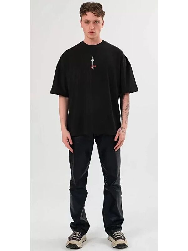Jane's Unisex Bisiklet Yaka Baskılı Oversize T-Shirt - Siyah