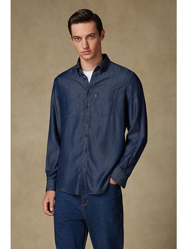 ABBATE Gino Denim Lyocell (Lyocell) Comfort Fit Lacivert Düğmeli Yaka Erkek Düz Jean Gömlek