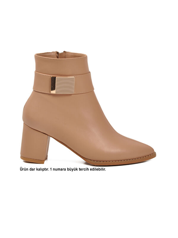 Bej Dar Kalıp Streç Bilek Boy Sivri Burun Polarlı Topuklu Kadın Bot 262326 Z - Görsel 3