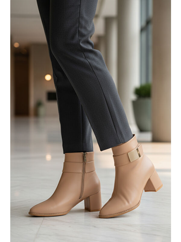 Bej Dar Kalıp Streç Bilek Boy Sivri Burun Polarlı Topuklu Kadın Bot 262326 Z - Görsel 4