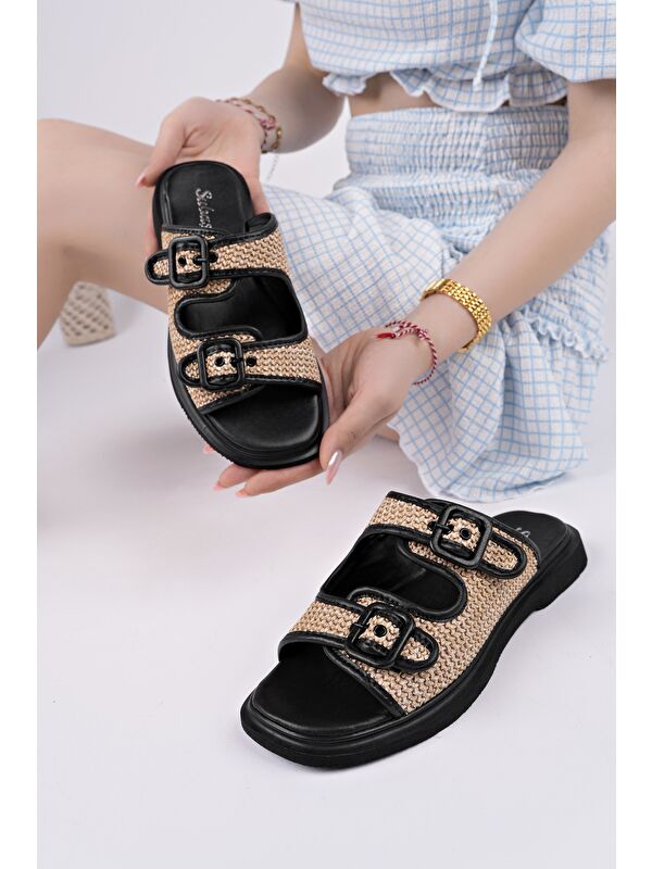 SARLE Çift Bantlı Ayarlanabilir Kemerli Kadın Günlük Hasır Terlik - Görsel 3