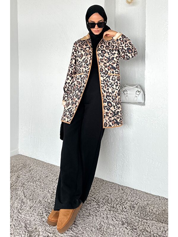 Julude Leopar Desenli Ön Çıtçıtlı Tesettür Trençkot