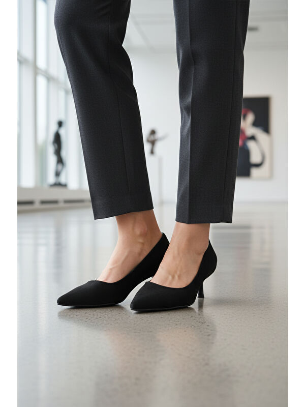 Siyah Süet Hafif Kadın İnce Kısa Topuklu Ayakkabı 458343 Z - Görsel 4