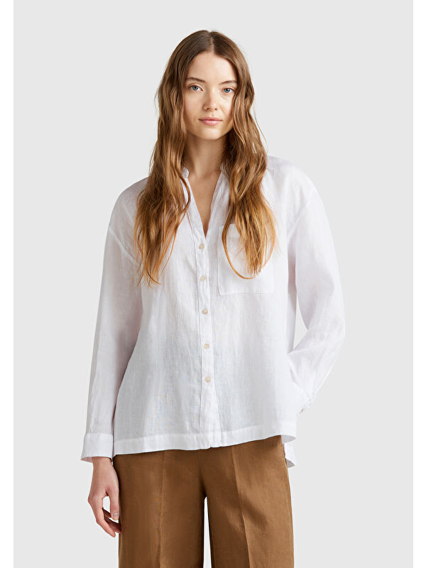 United Colors Of Benetton Kadın Beyaz %100 Keten Sol Önü Cepli Oversize Mandarin Yaka Gömlek