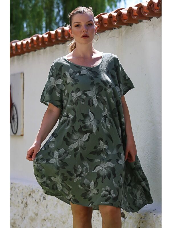 Chiccy İtalyan Haki Havuz Yaka Kısa Kol Çiçekli Casual Oversize Dokuma Elbise 110 70