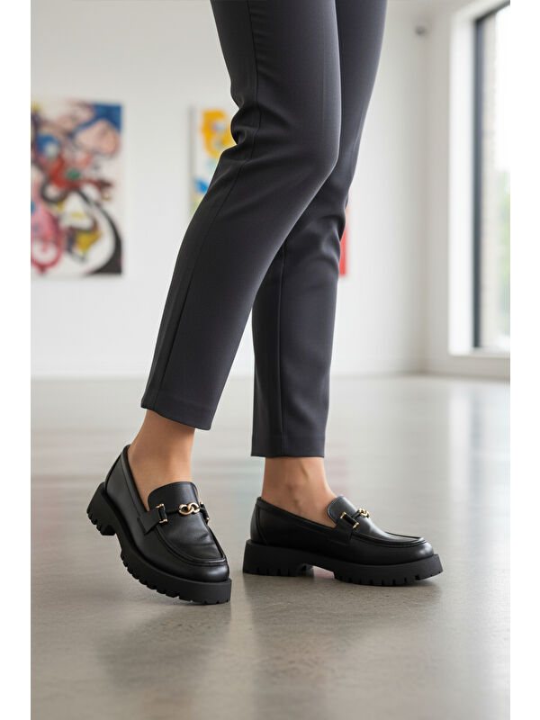 Siyah Cilt Kalın Taban Kadın Casual Ayakkabı 547825 Z - Görsel 4