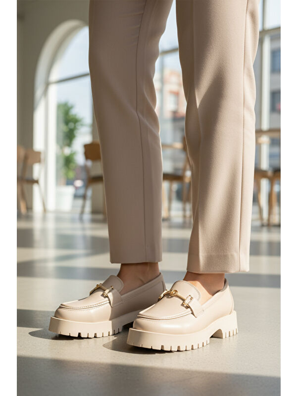 Bej Cilt Kalın Taban Kadın Casual Ayakkabı 547825 Z - Görsel 4