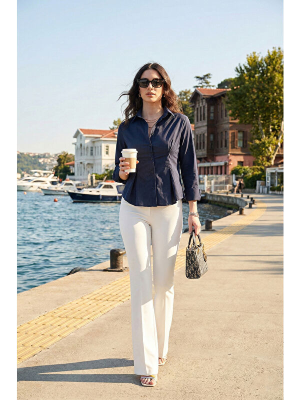 Lela Belden Oturtmalı Pileli Pamuk Karışımlı Fitted Fit Gömlek 6778275