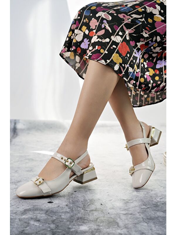 YUQİ Arkası Açık Küt Burun Çift Kemerli Kadın Günlük Klasik Kısa Topuklu Ayakkabı - Görsel 3