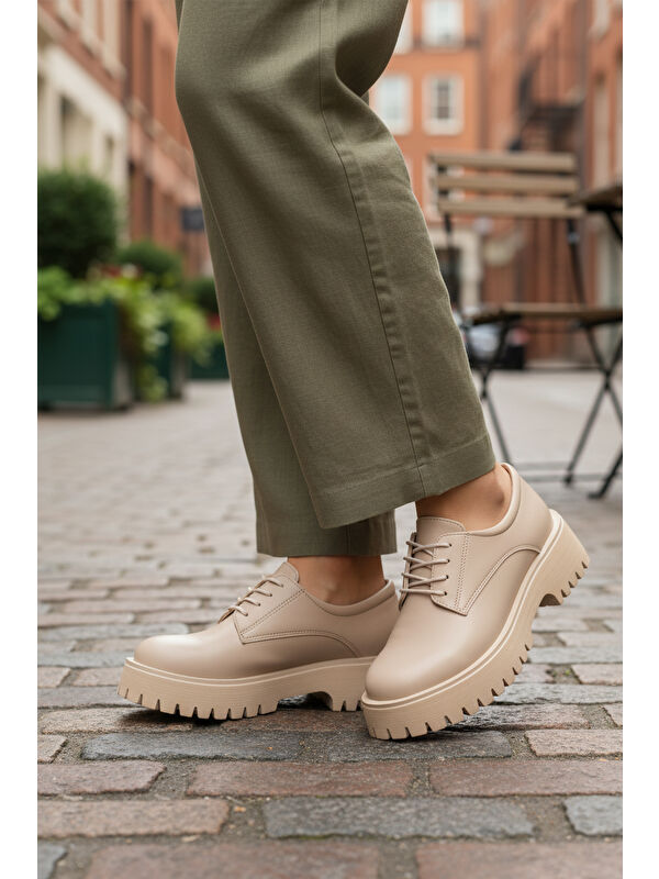 Bej Cilt Kalın Taban Kadın Casual Ayakkabı 572451 Z - Görsel 4