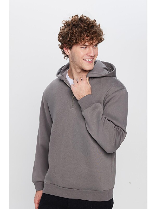 TUDORS Unisex Relax Fit Rahat Kesim Pamuklu İçi Polarlı Yarım Fermuarlı Gri Kapüşonlu Erkek Hoodie