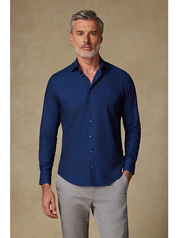 ABBATE Donatello Denim Pamuklu Comfort Fit Koyu Mavi Klasik Yaka Erkek Düz Jean Gömlek