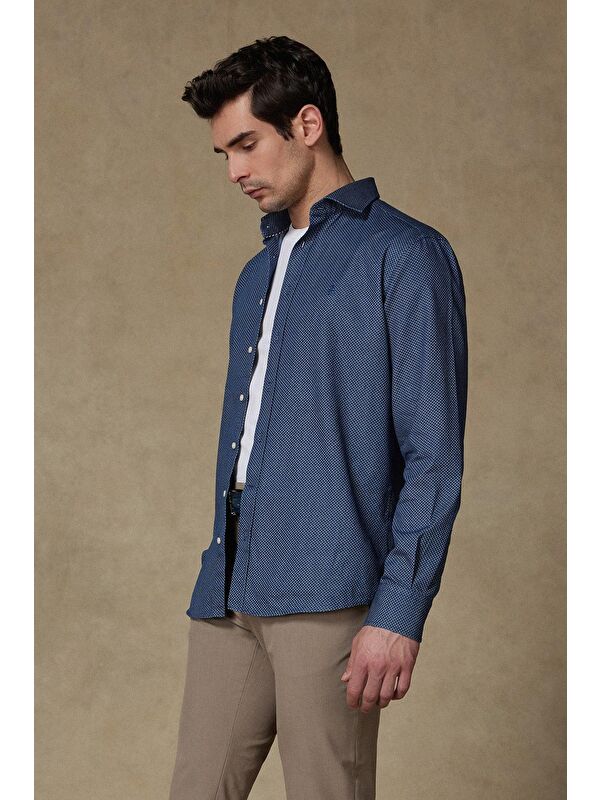 ABBATE Donatello Denim Pamuklu Comfort Fit Lacivert Klasik Yaka Erkek Jean Gömlek