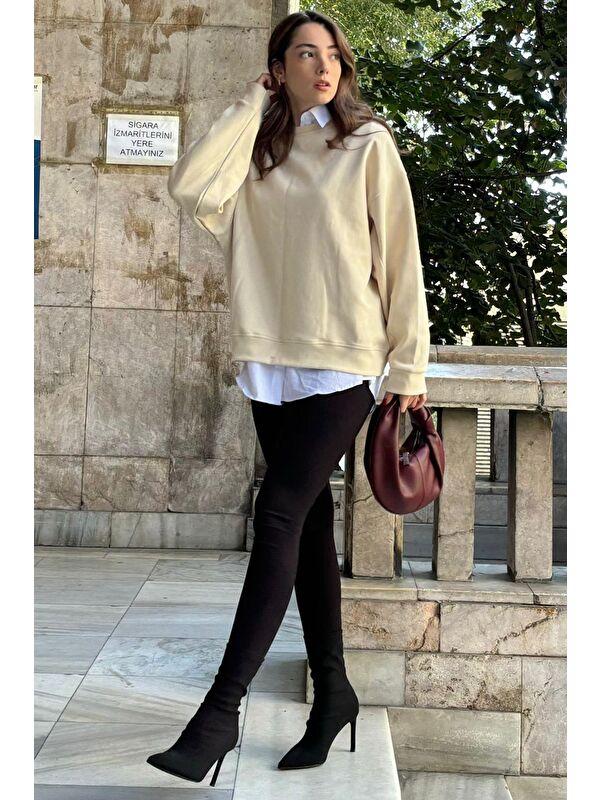 Madmext Bej Bisiklet Yaka Basic Sweatshirt Mg2185